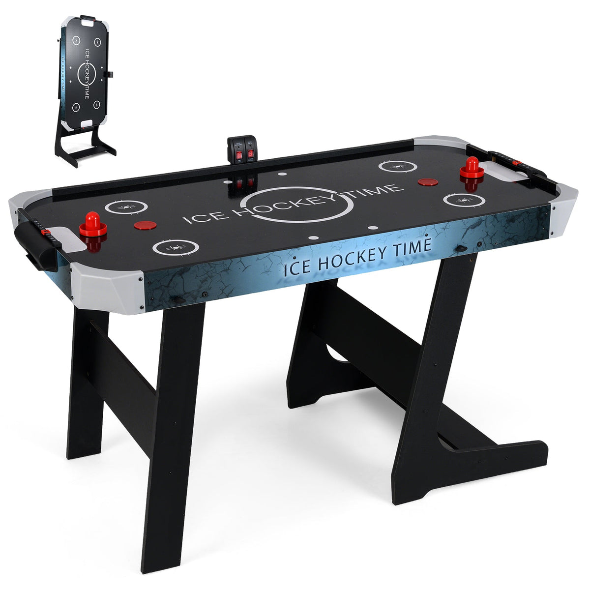 56-inch DirectDeals air hockey table with LED scoreboard, black surface, blue marble apron on Tampa Home & Garden Store