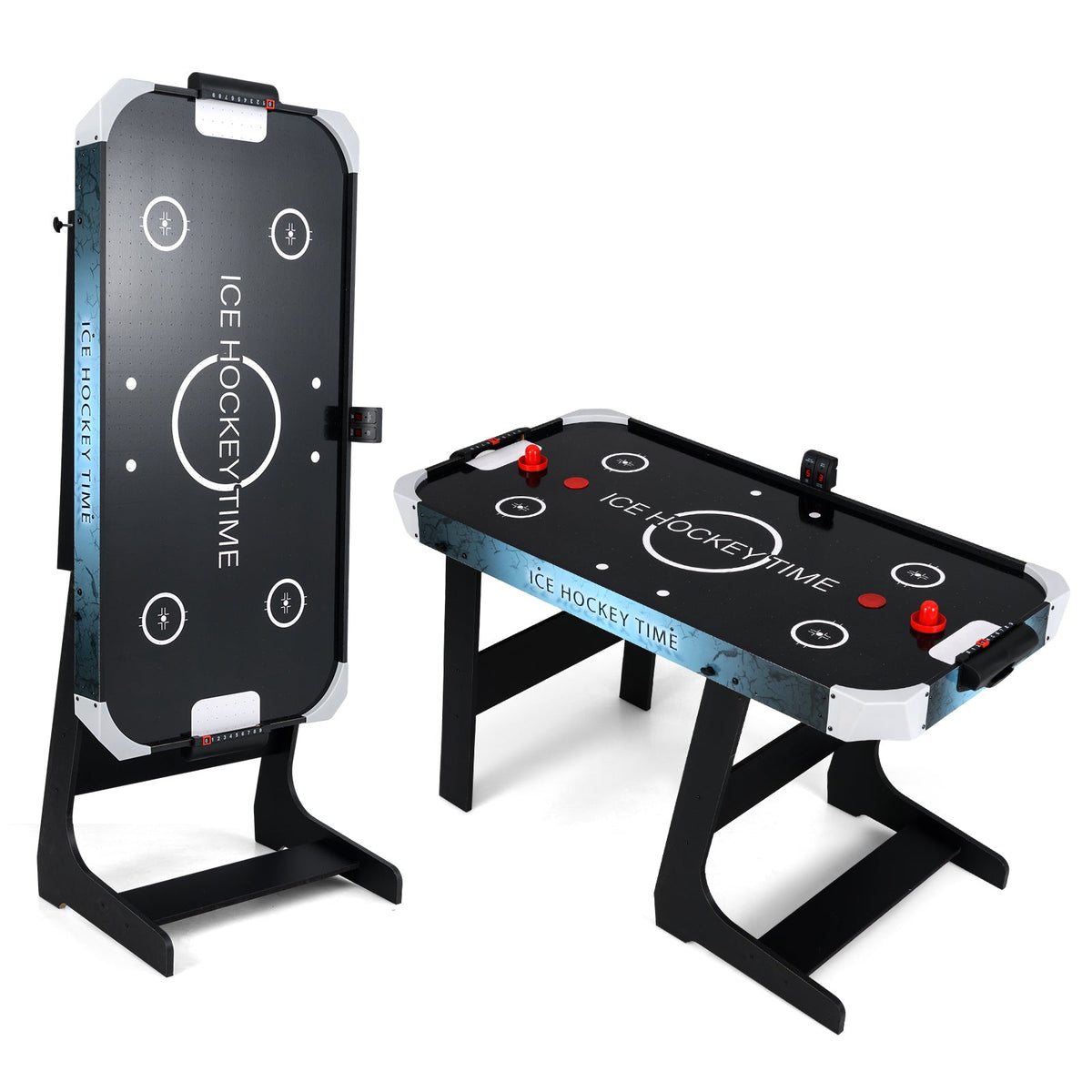56 Inch black air hockey table with LED scoreboard, two-piece set shown with red pucks on Tampa Home & Garden Store