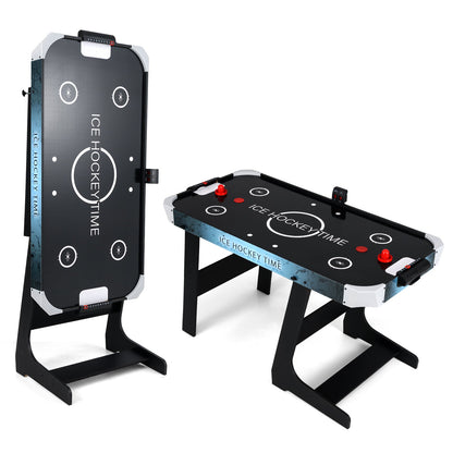56 Inch black air hockey table with LED scoreboard, two-piece set shown with red pucks on Tampa Home & Garden Store