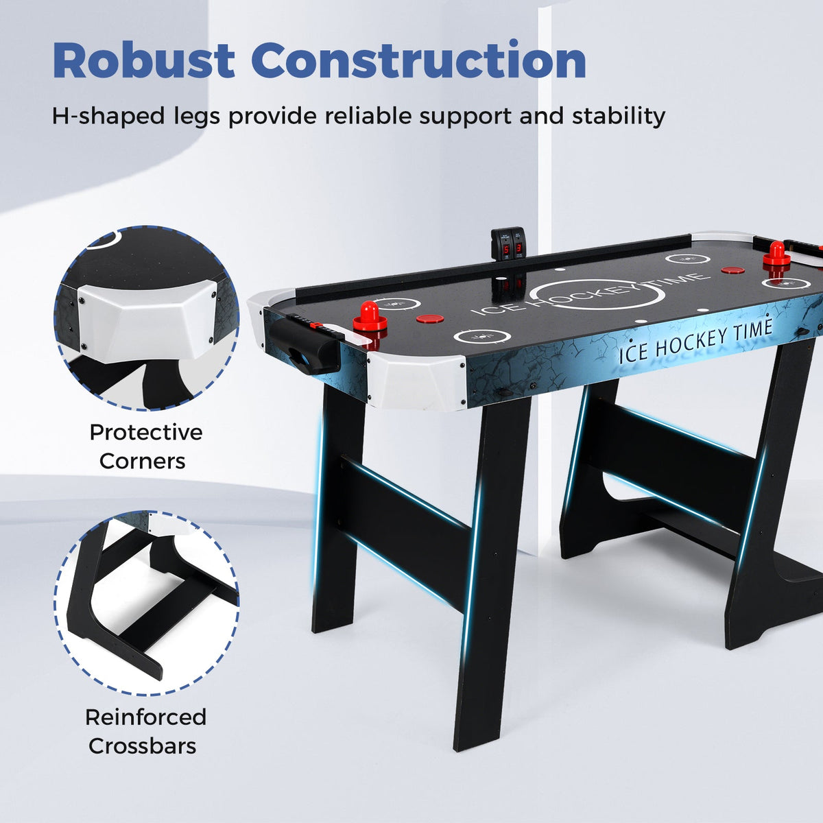 56 Inch Black Air Hockey Table with LED scoreboard by DirectDeals; reinforced corners on Tampa Home & Garden Store