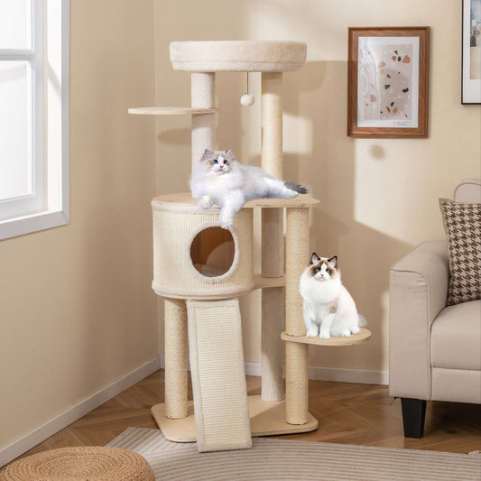 56 Inch Tall Cat Tree with 2 Sisal Scratching Posts and Ladder-NA - Tampa Home & Garden Store