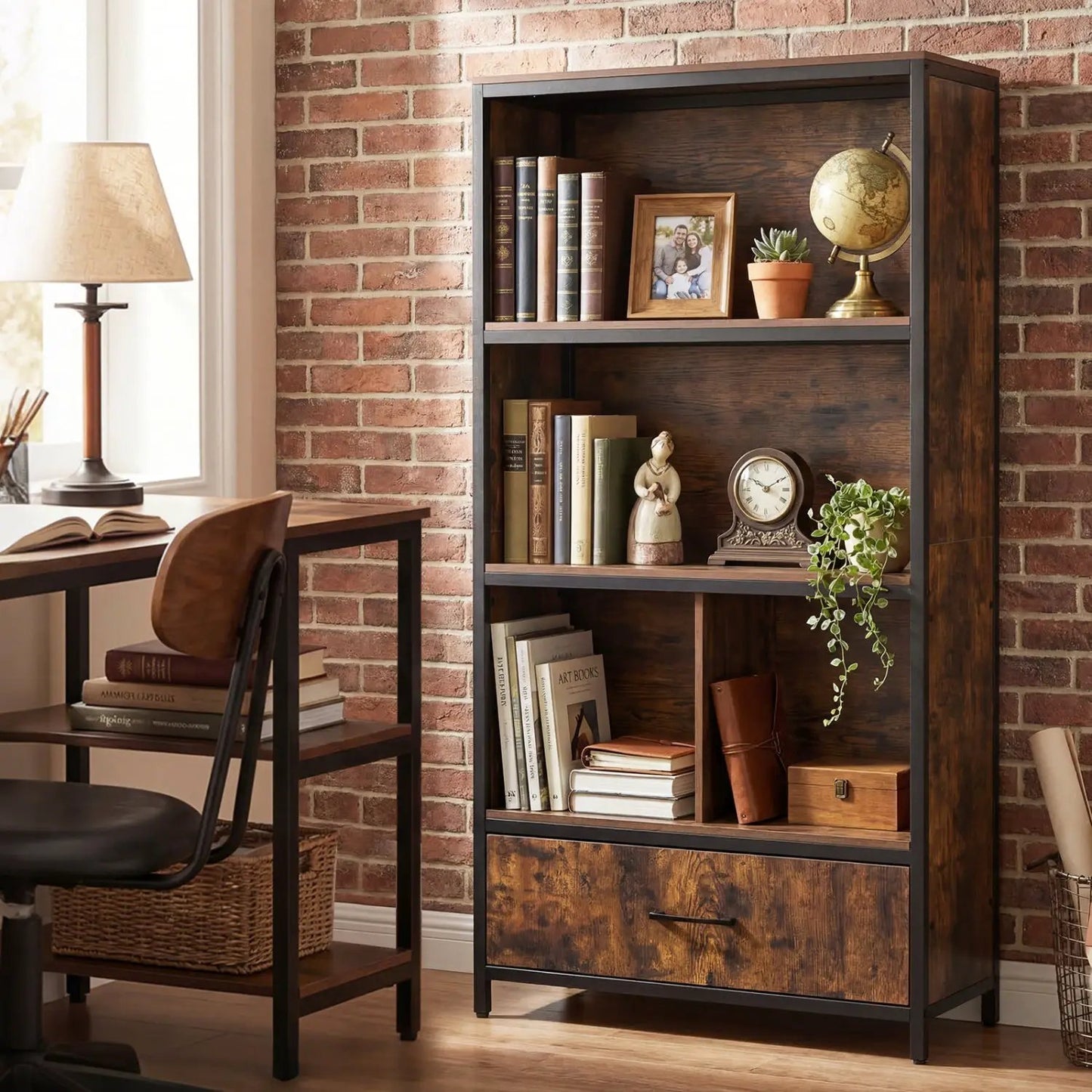 Tall Freestanding Bookcase with Drawer 5 Tier