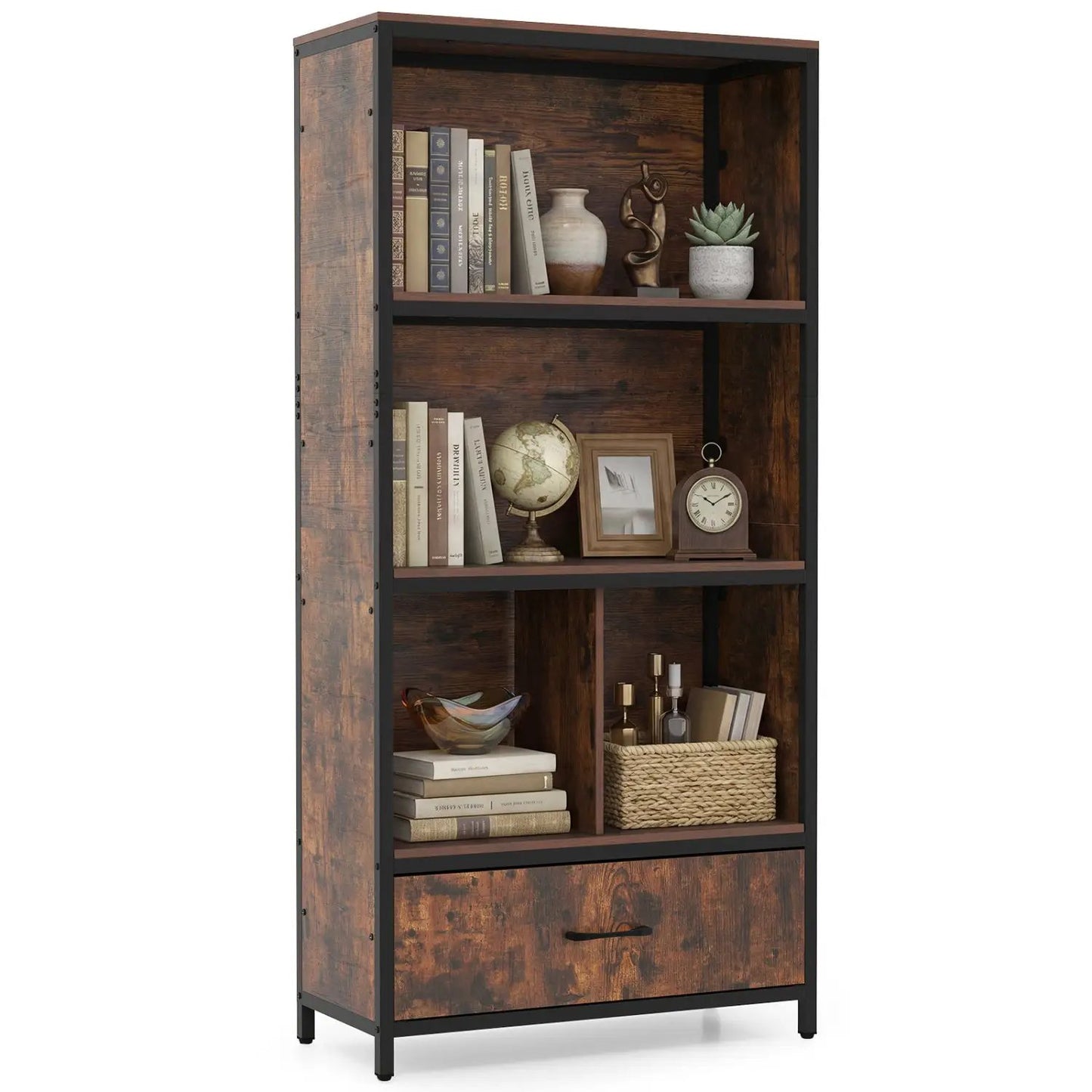 Tall Freestanding Bookcase with Drawer 5 Tier