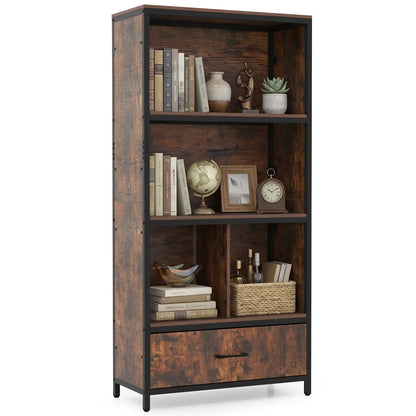 Tall Freestanding Bookcase with Drawer 5 Tier