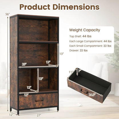 Tall Freestanding Bookcase with Drawer 5 Tier