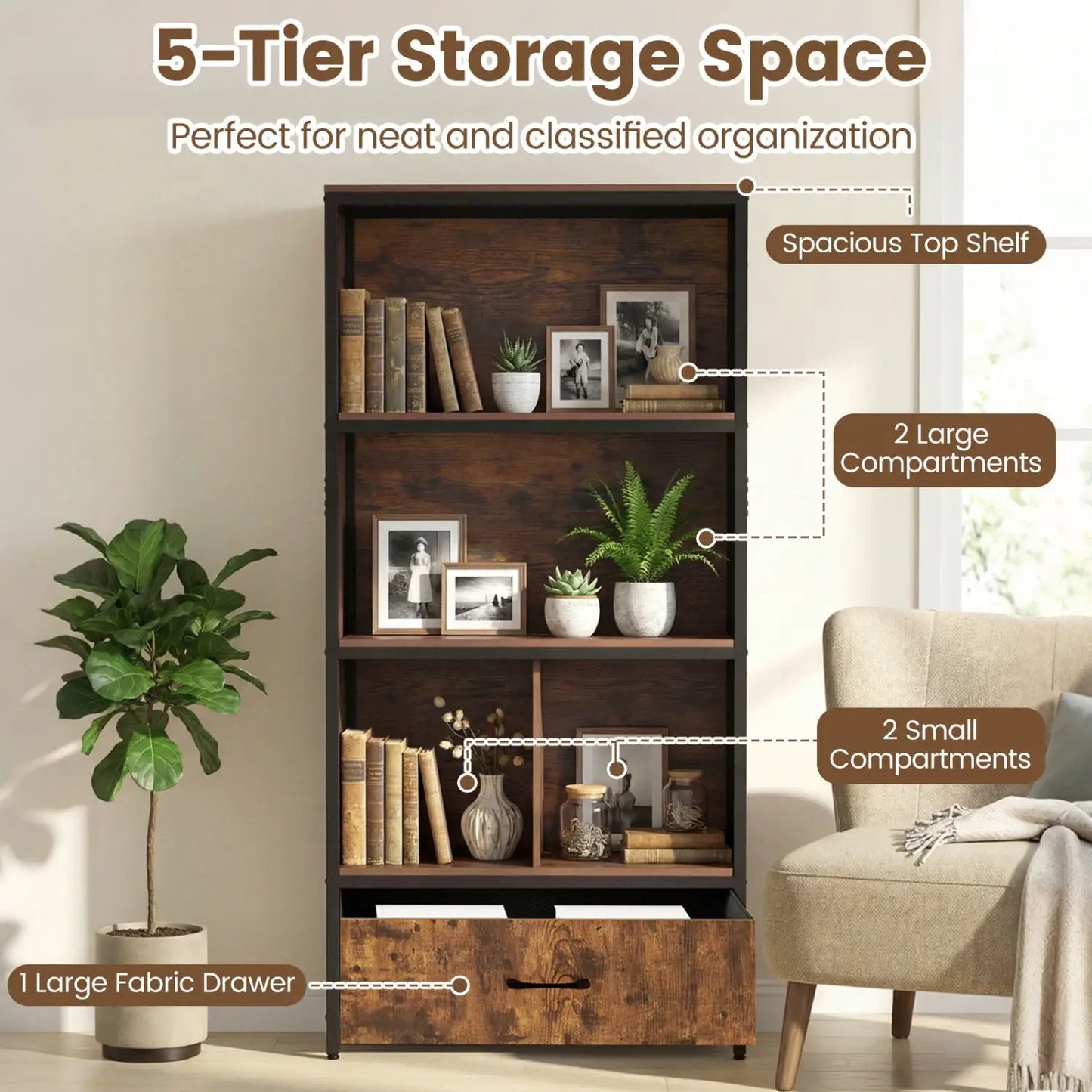 Tall Freestanding Bookcase with Drawer 5 Tier