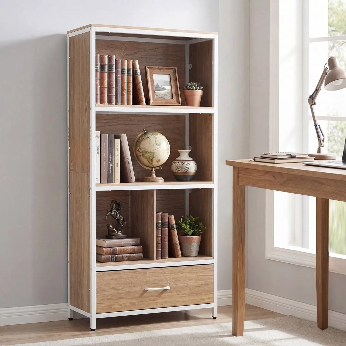 Tall Freestanding Bookcase with Drawer 5 Tier