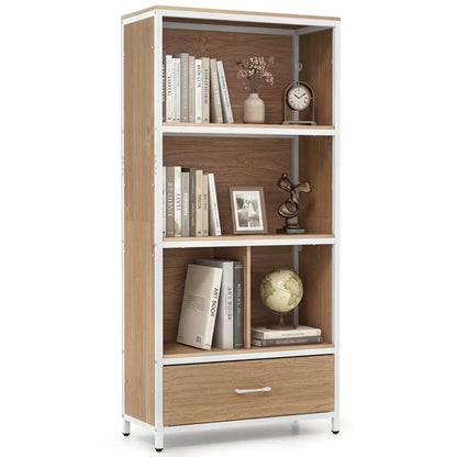 Tall Freestanding Bookcase with Drawer 5 Tier