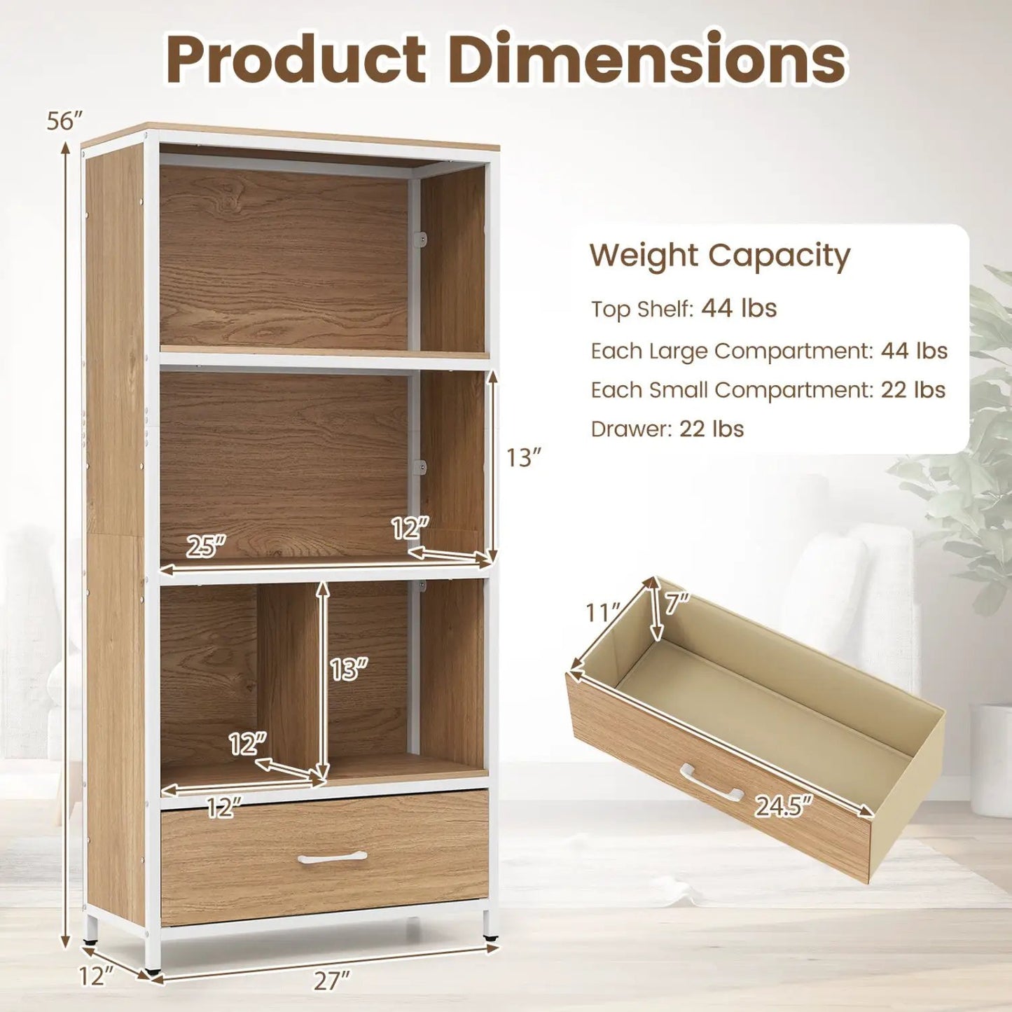 Tall Freestanding Bookcase with Drawer 5 Tier
