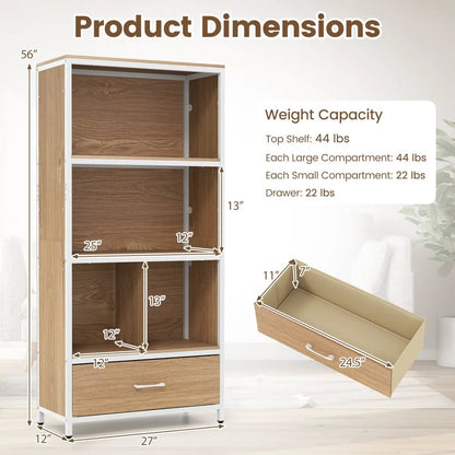 Tall Freestanding Bookcase with Drawer 5 Tier