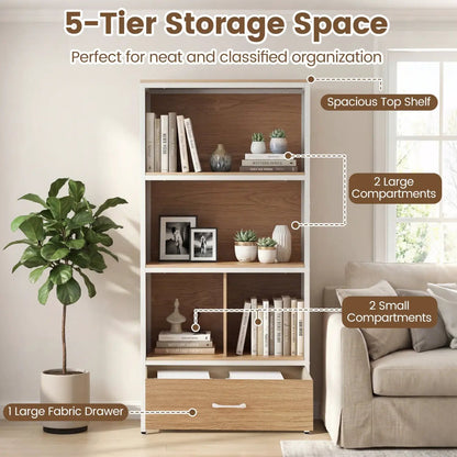 Tall Freestanding Bookcase with Drawer 5 Tier