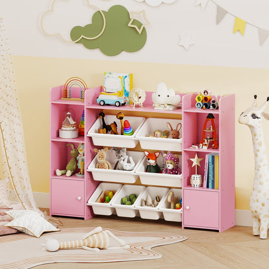 56 inch Large Toy Storage Organizer with 8 Removable Bins and Bookshelf
