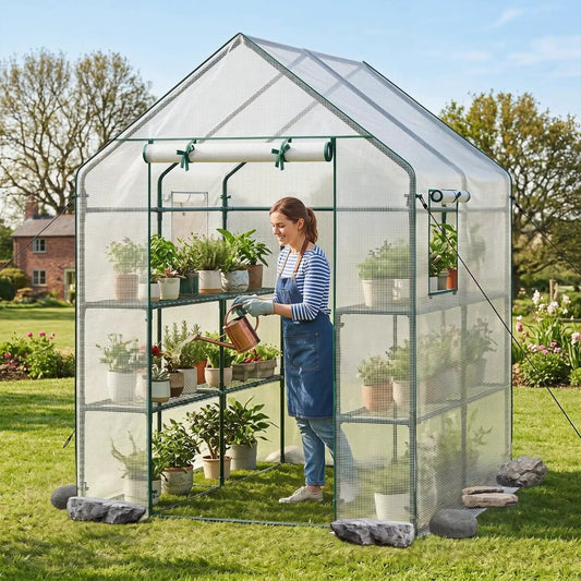 Walk-in greenhouse 56x56x77 with observation windows, green frame and shelves of potted plants on Tampa Home & Garden Store