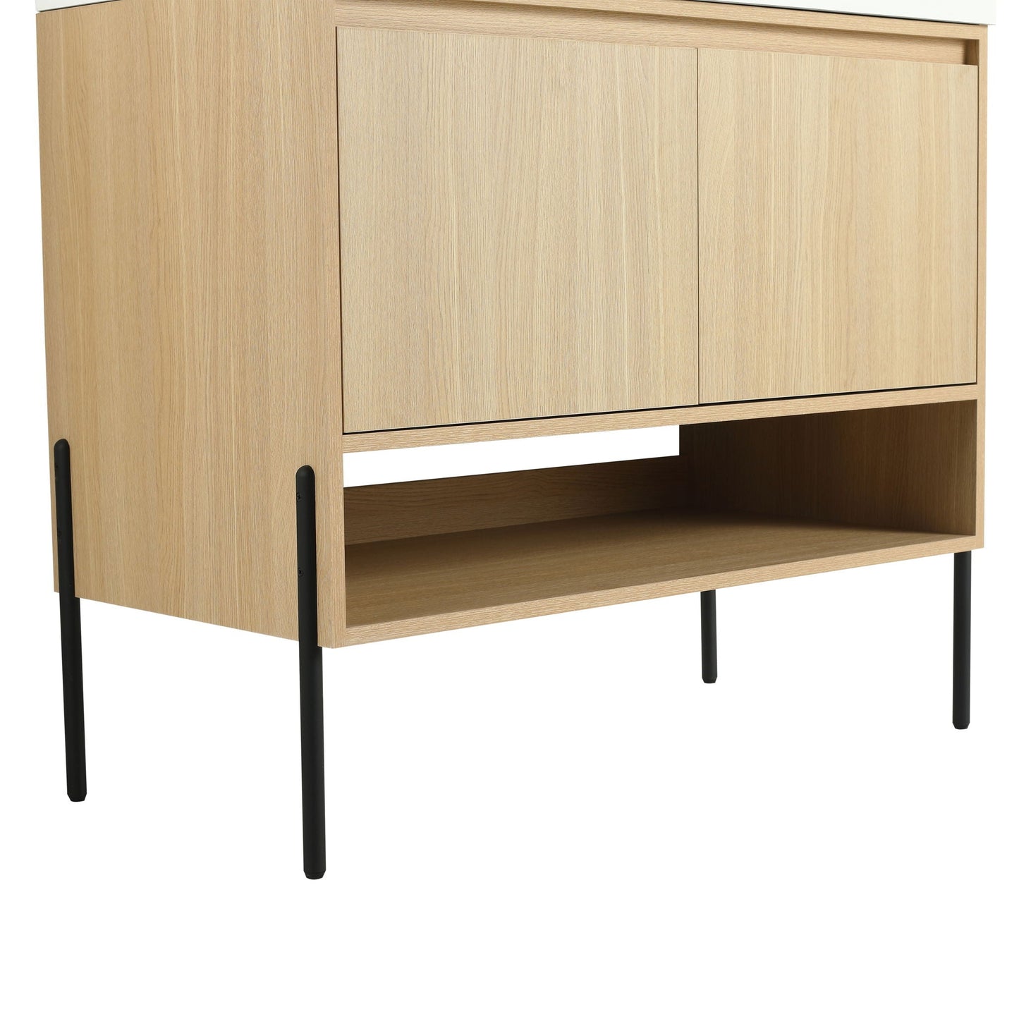 Modern bathroom vanity cabinet in light oak with storage doors and black legs HouseOfZazla on Tampa Home & Garden Store