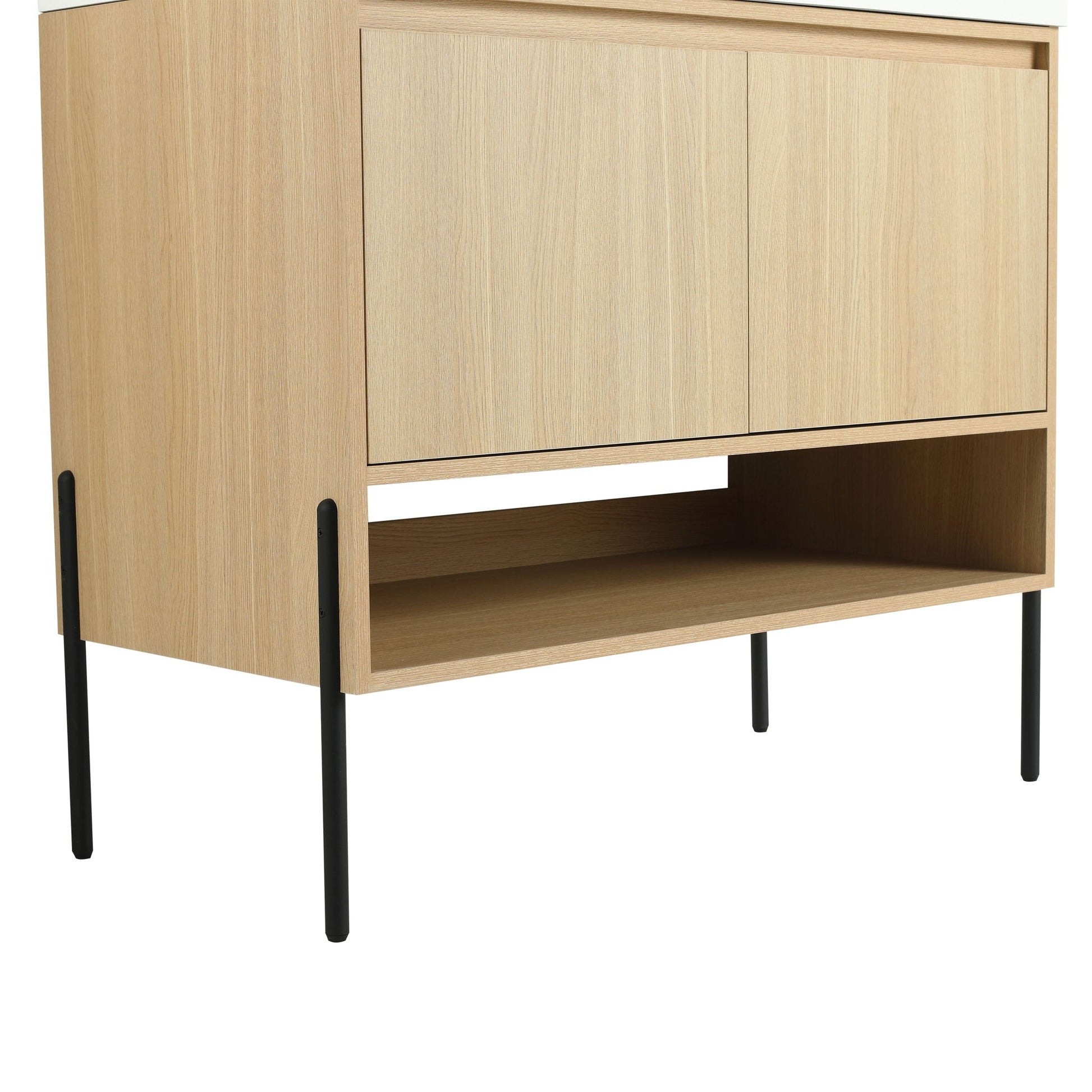 Modern bathroom vanity cabinet in light oak with storage doors and black legs HouseOfZazla on Tampa Home & Garden Store