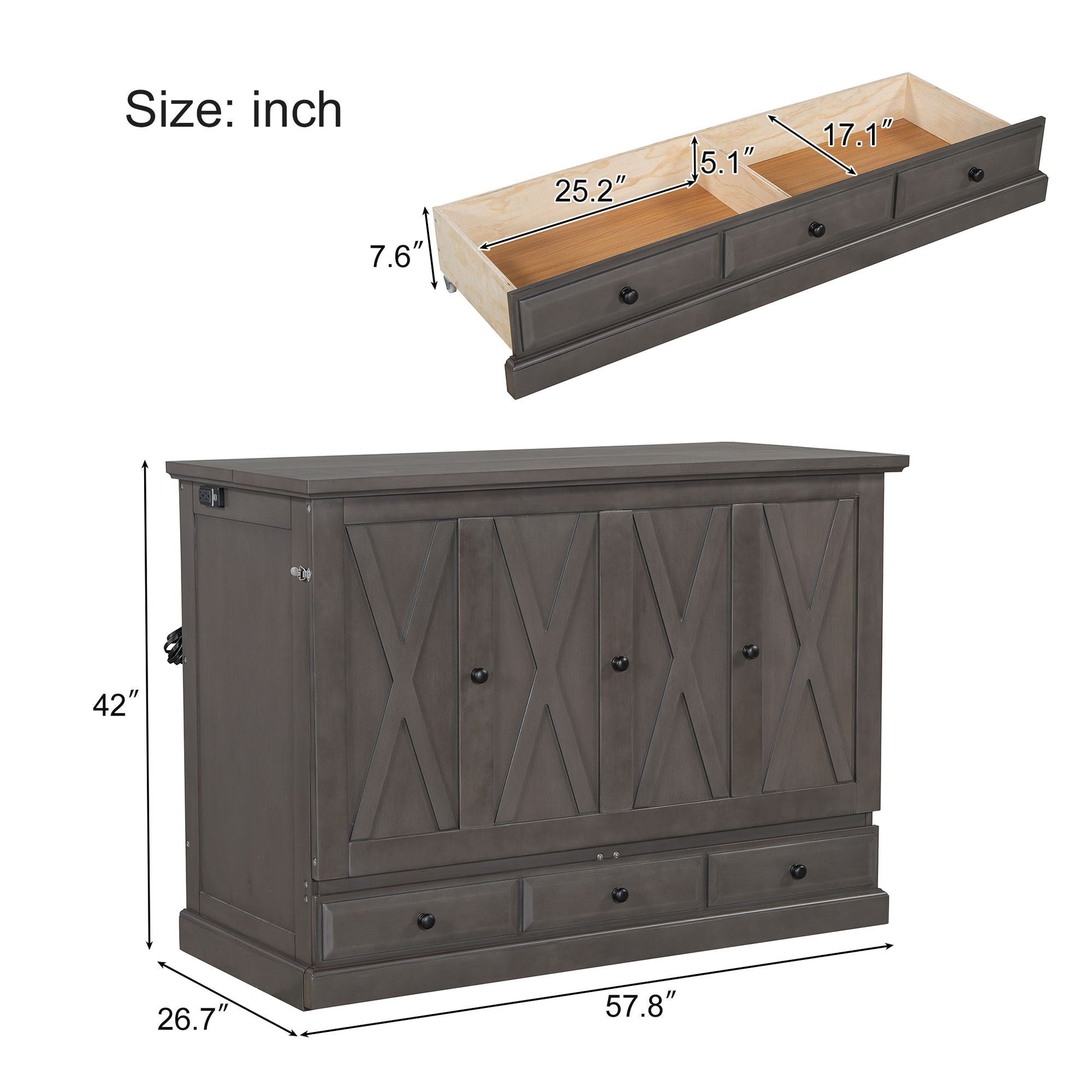 Murphy bed chest cabinet pine with charging station and storage drawer dark gray finish HouseOfZazla on Tampa Home & Garden Store