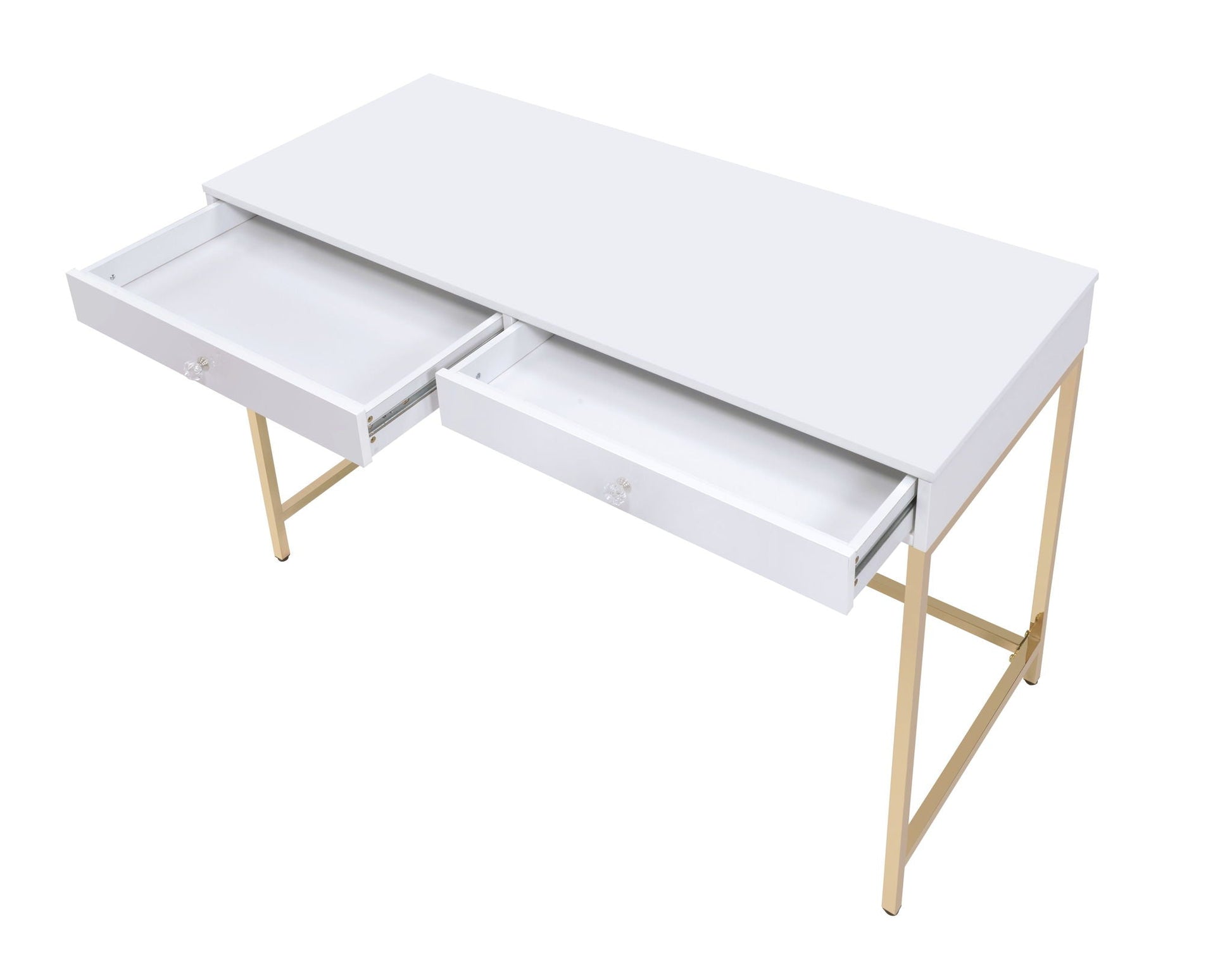 Ottey High Gloss Writing Desk white finish with 2 drawers, crystal knobs, gold legs on Tampa Home & Garden Store