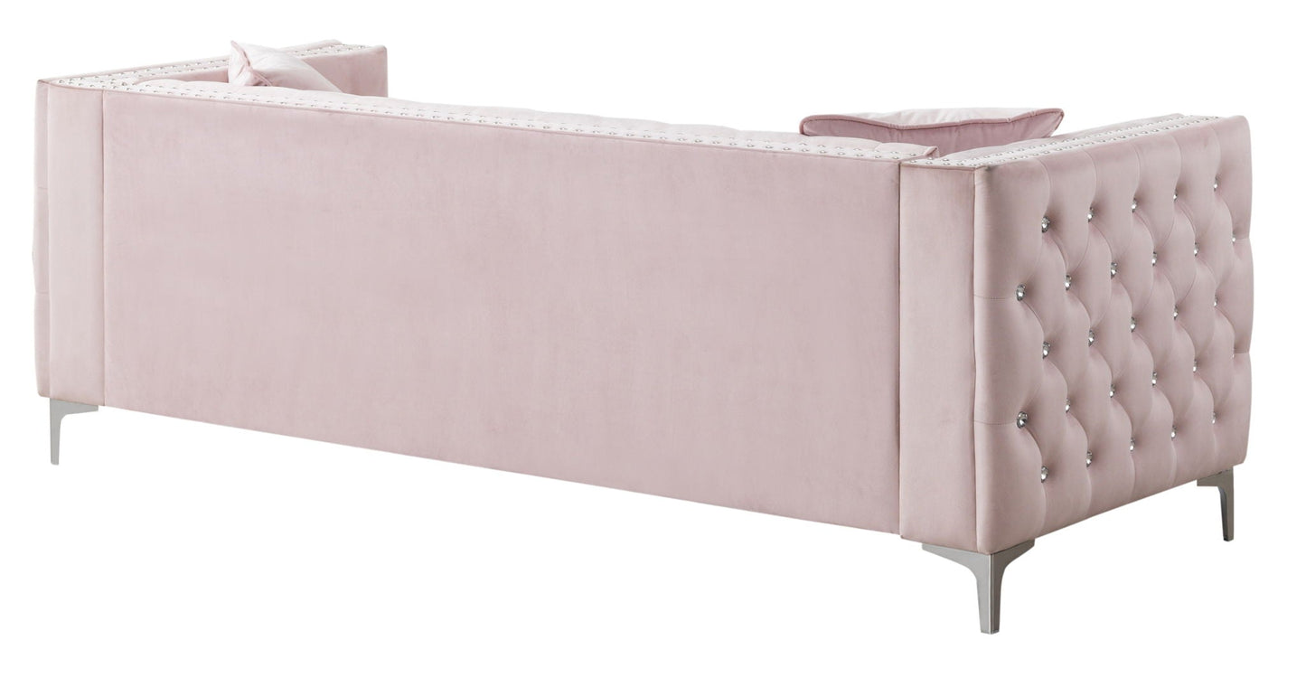 Paige sofa pink velvet stationary with diamond tufting and crystal buttons, metal legs on Tampa Home & Garden Store