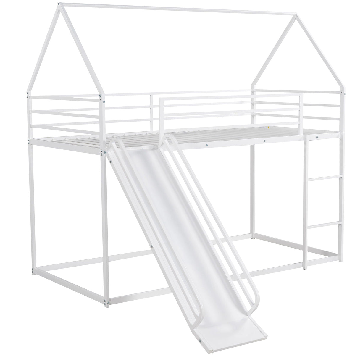 Twin over twin house bunk bed with ladder and slide, white metal frame, HouseOfZazla on Tampa Home & Garden Store