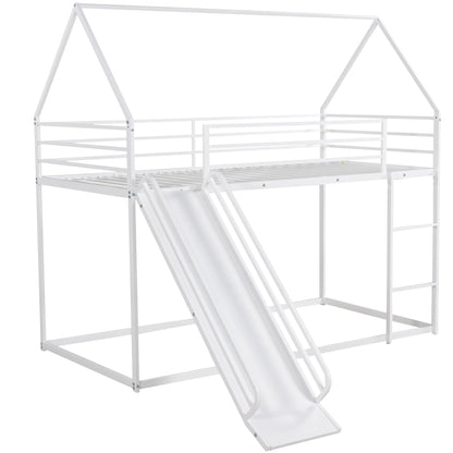 Twin over twin house bunk bed with ladder and slide, white metal frame, HouseOfZazla on Tampa Home & Garden Store