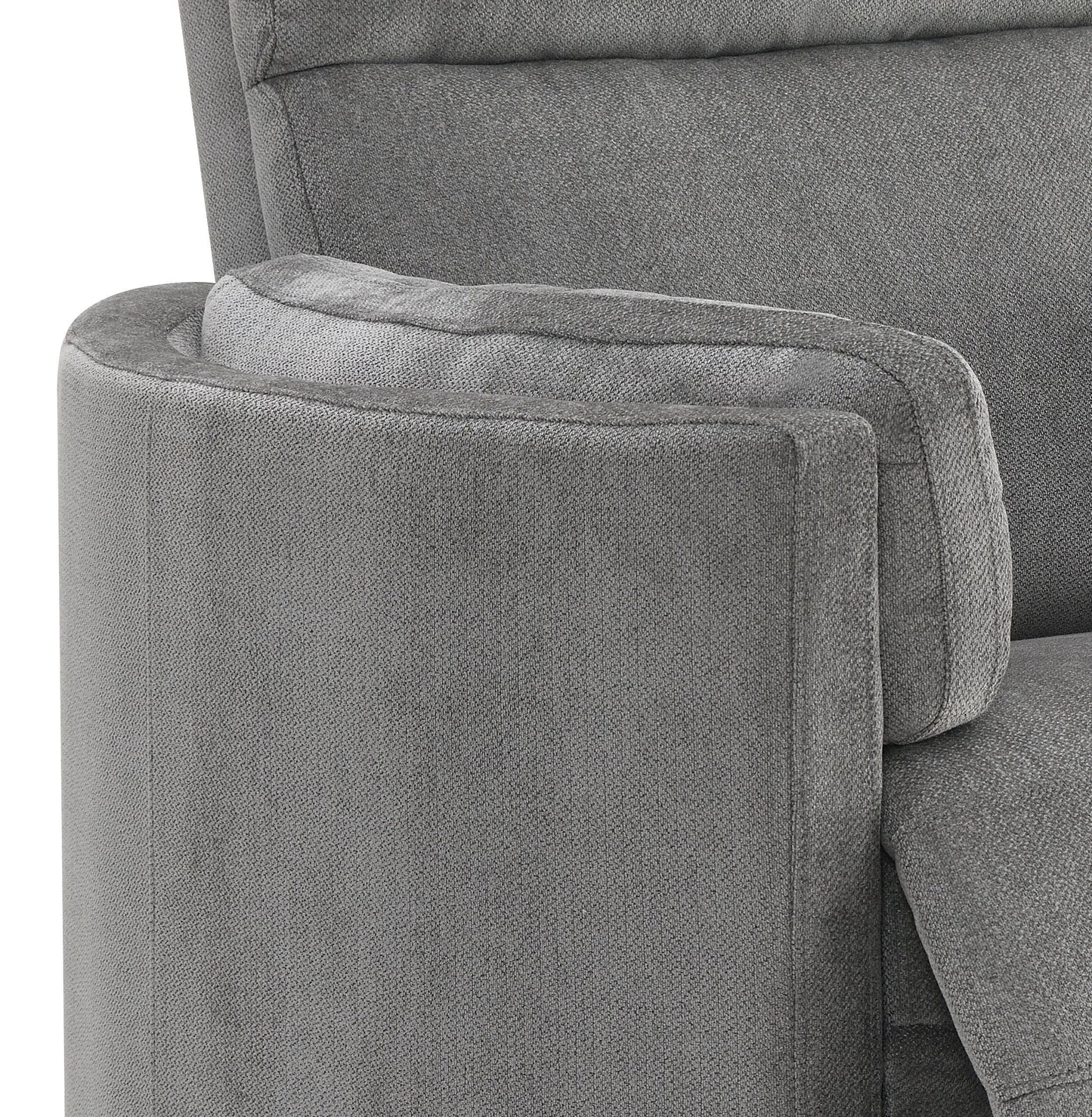 Sagen Charcoal Chenille Glider Recliner with Swivel chair on gray fabric and cushioned arm on Tampa Home & Garden Store
