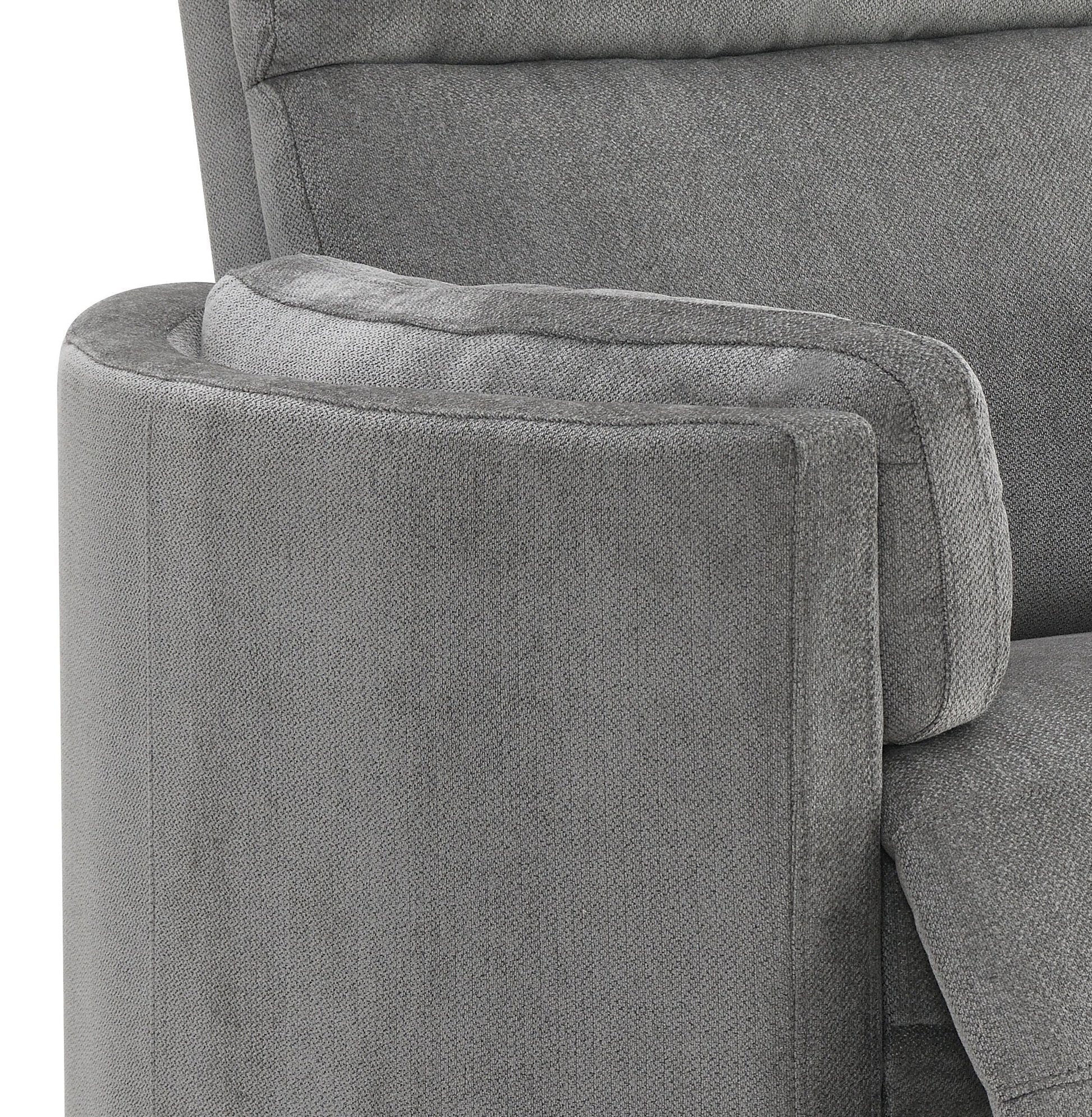 Sagen Charcoal Chenille Glider Recliner with Swivel chair on gray fabric and cushioned arm on Tampa Home & Garden Store