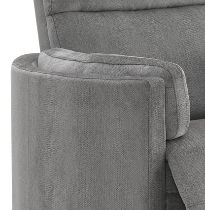 Sagen Charcoal Chenille Glider Recliner with Swivel chair on gray fabric and cushioned arm on Tampa Home & Garden Store