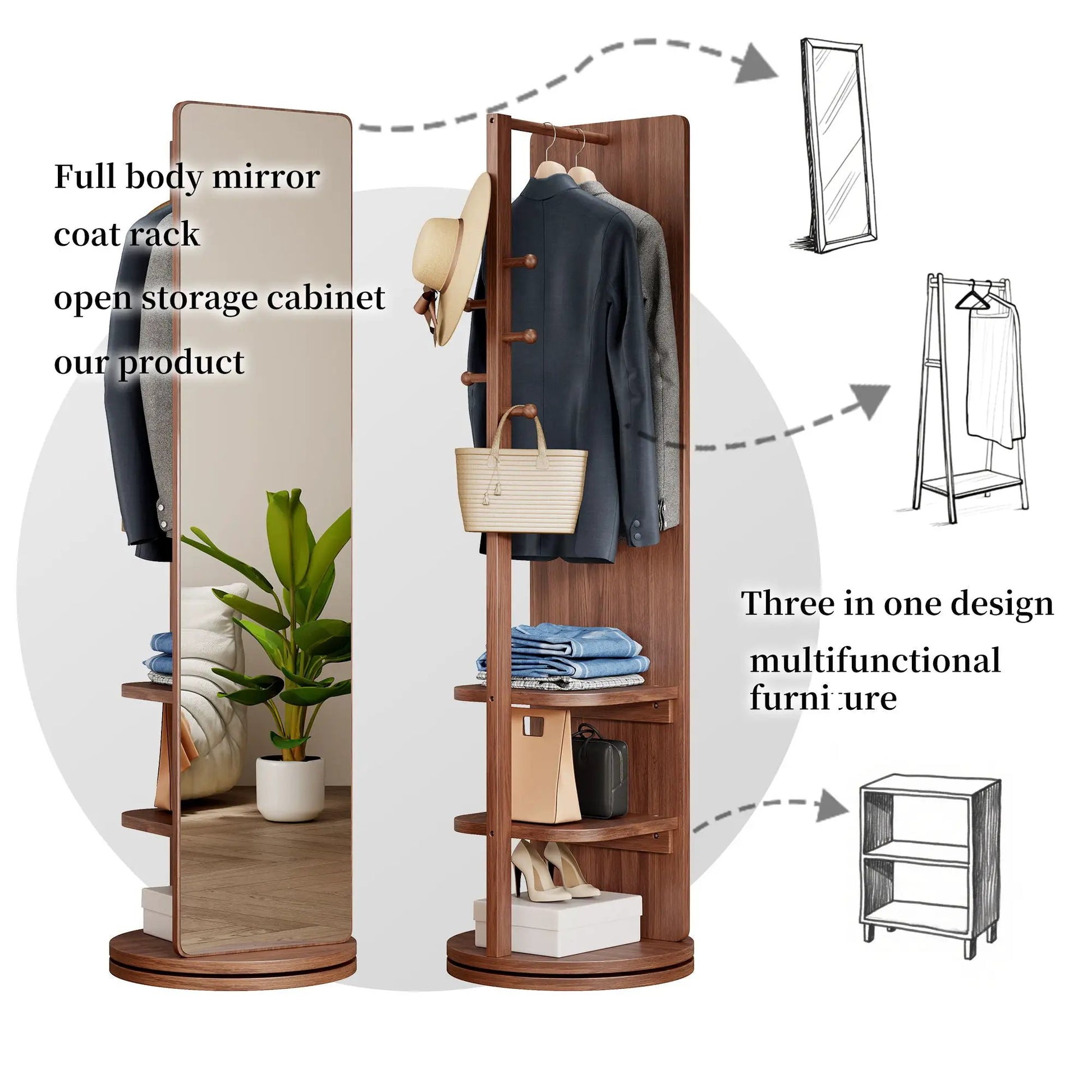 Two-unit 3 in 1 multifunctional full-length clothing mirror with wooden coat rack and open shelves by Unique Piece Furniture on Tampa Home & Garden Store
