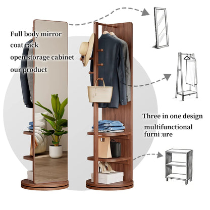 Two-unit 3 in 1 multifunctional full-length clothing mirror with wooden coat rack and open shelves by Unique Piece Furniture on Tampa Home & Garden Store
