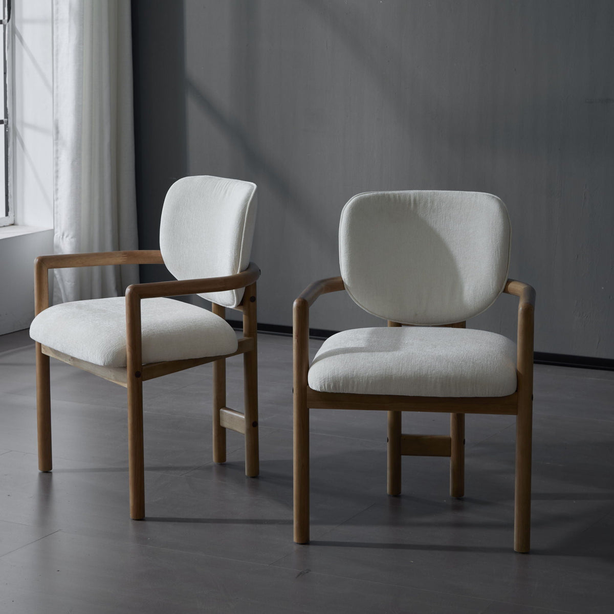 Upholstered Arm Dining Chairs Set of 2 in light gray fabric with wood arms and legs HouseOfZazla on Tampa Home & Garden Store