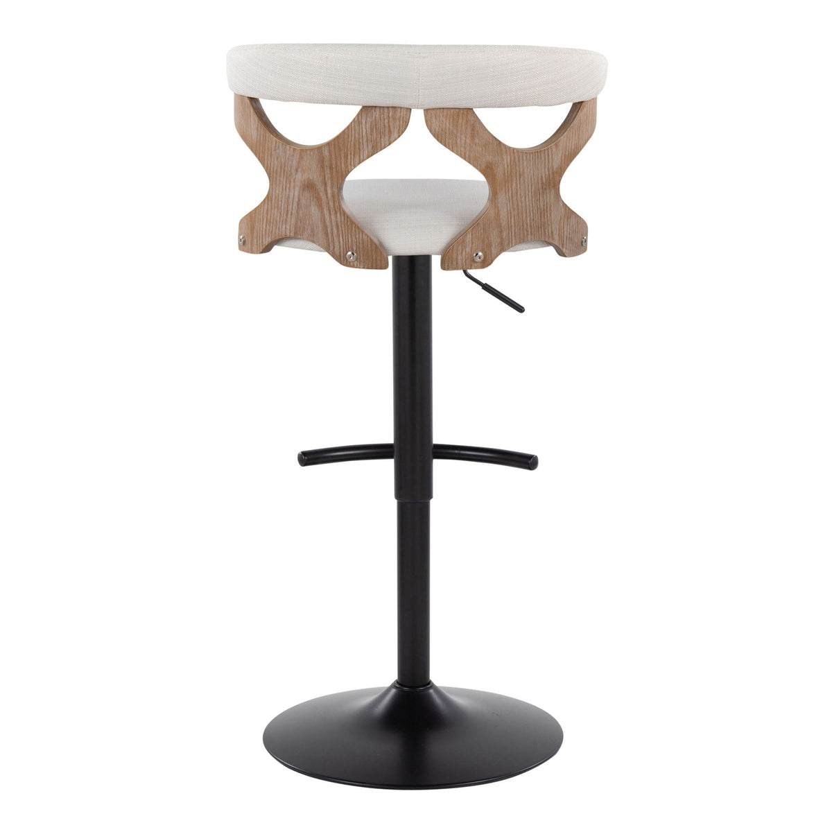 Contemporary adjustable barstool with swivel, beige upholstered seat and wood curved base on Tampa Home & Garden Store