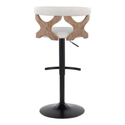 Contemporary adjustable barstool with swivel, beige upholstered seat and wood curved base on Tampa Home & Garden Store