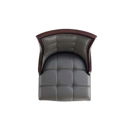 Bar height stool with dark wood curved back and gray padded seat on Tampa Home & Garden Store