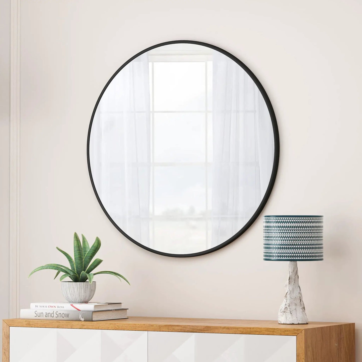 Round wall mirror with black metal frame, contemporary vanity mirror for bathroom or living room on Tampa Home & Garden Store