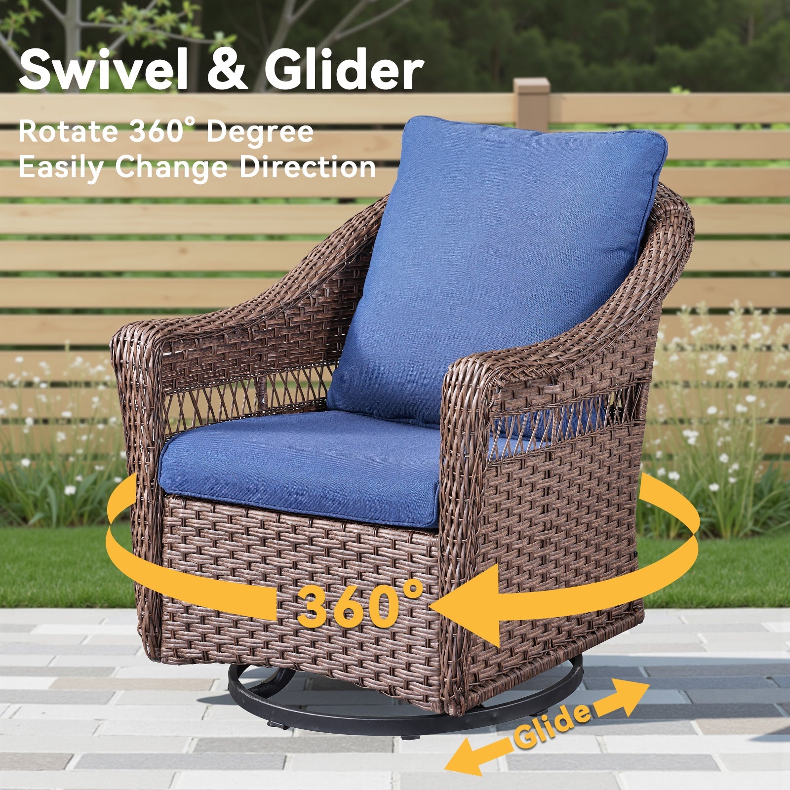Outdoor swivel wicker chair by HouseOfZazla with blue cushion and brown frame on round swivel base on Tampa Home & Garden Store