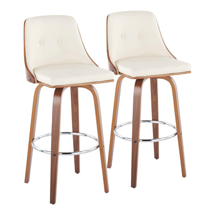 Pair of swivel barstools with cream upholstery, wood frames, and round chrome footrests on Tampa Home & Garden Store