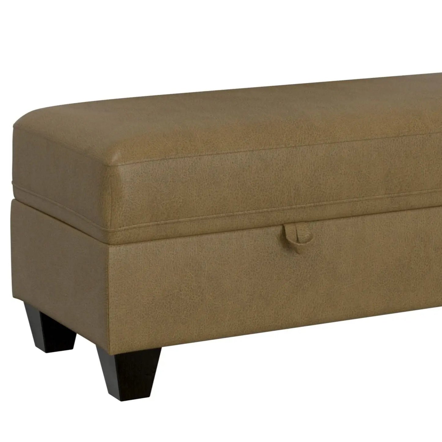 Drason storage ottoman tan brown leatherette with lid and tapered dark wood legs on Tampa Home & Garden Store