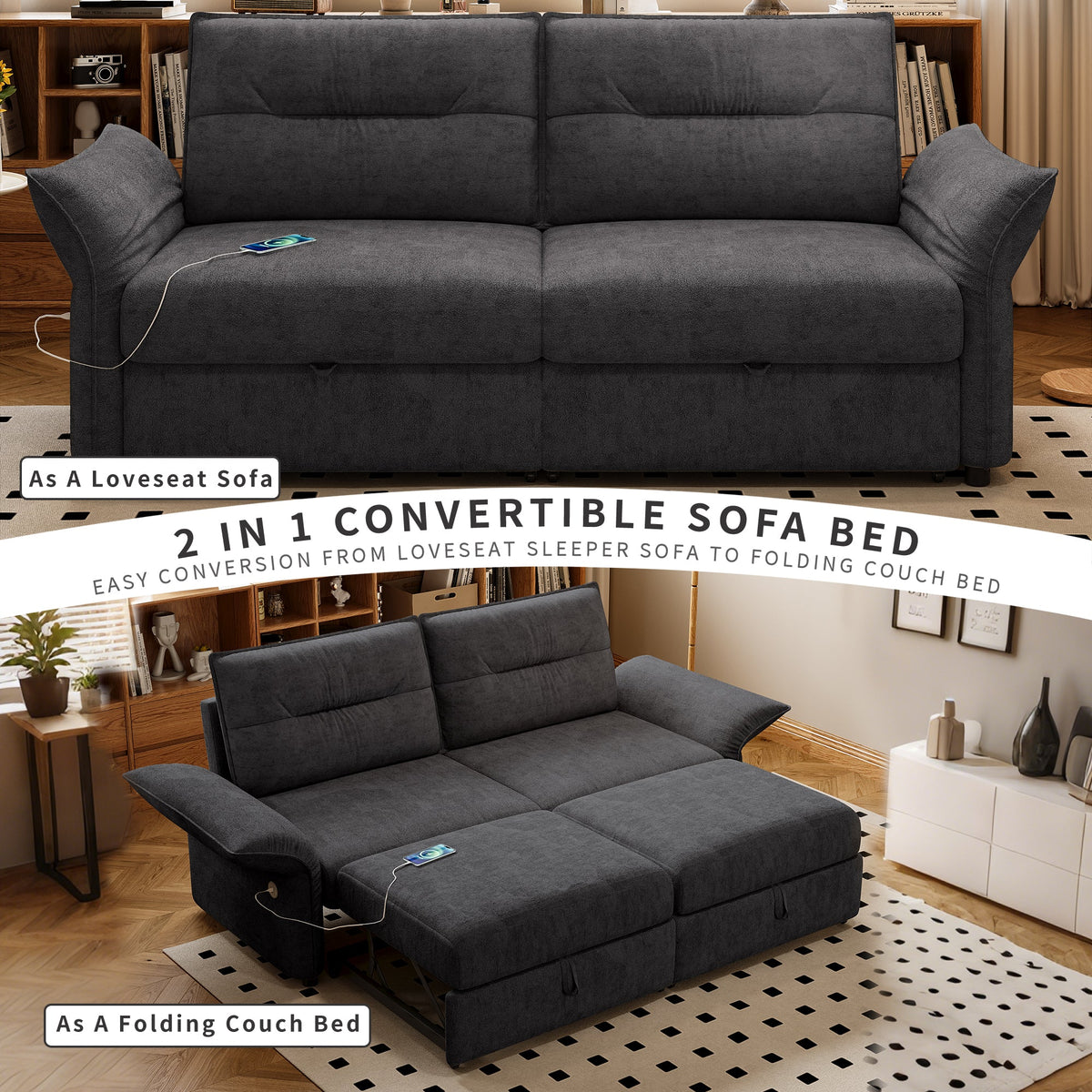 Grey Multifunctional Sofa Bed and Plush Fabric