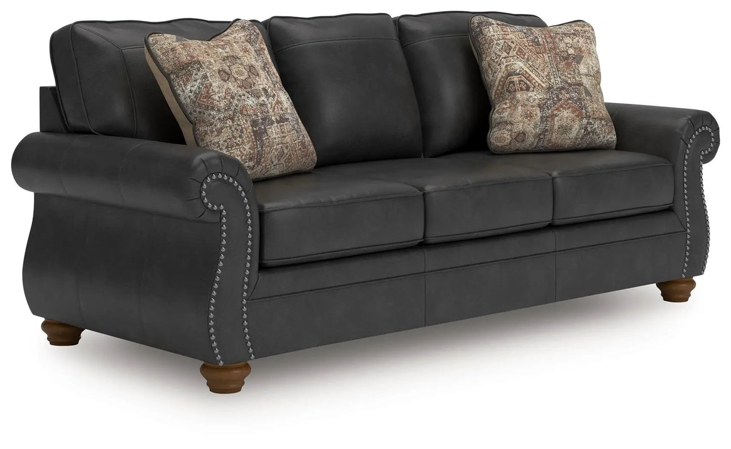 Chasemore Sofa dark gray faux leather stationary sofa with nailhead trim rolled arms on Tampa Home & Garden Store