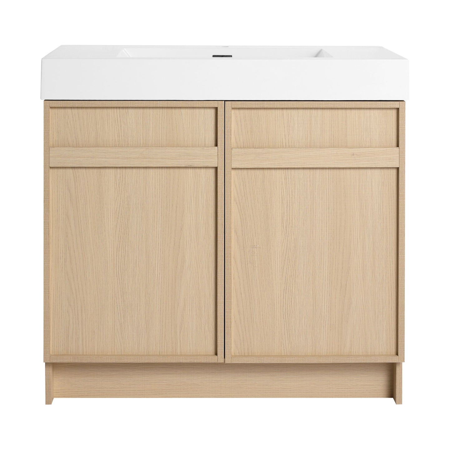 Freestanding bathroom vanity with white resin sink and light oak dual doors, soft-close on Tampa Home & Garden Store