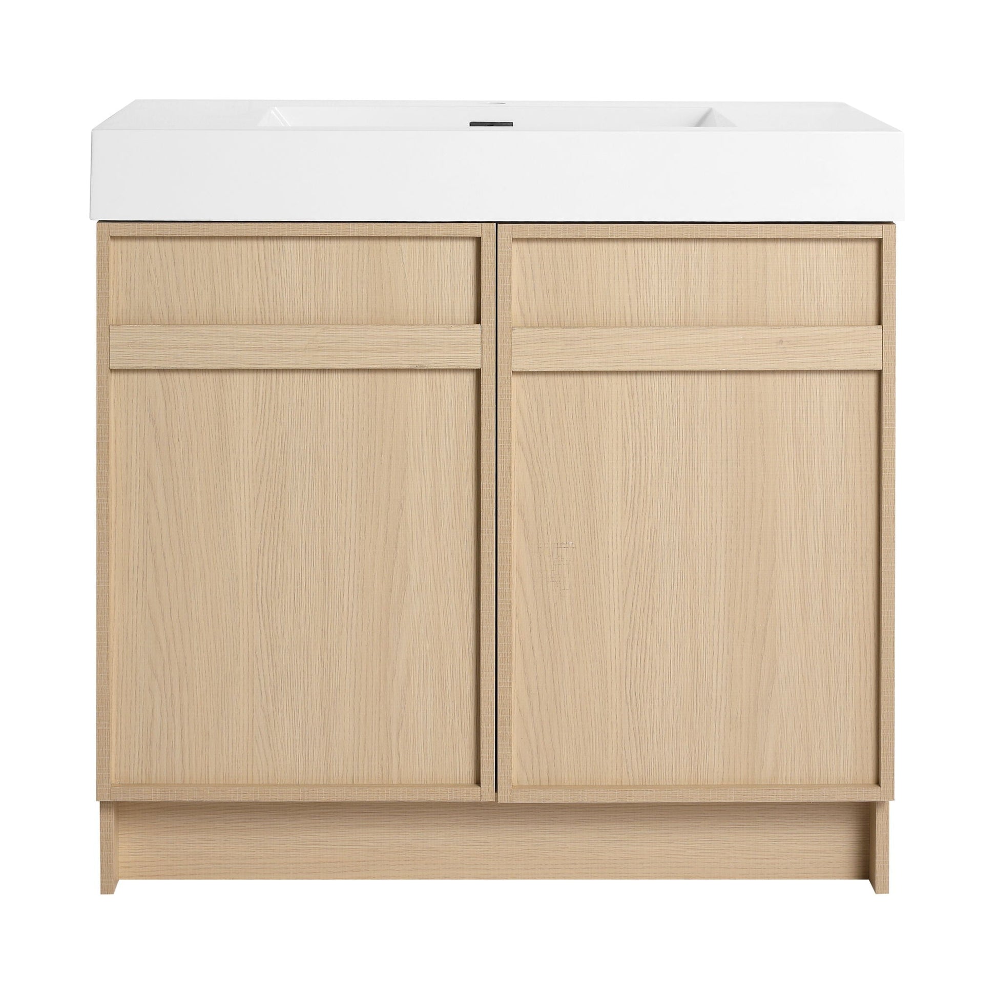 Freestanding bathroom vanity with white resin sink and light oak dual doors, soft-close on Tampa Home & Garden Store