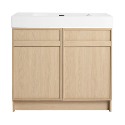 Freestanding bathroom vanity with white resin sink and light oak dual doors, soft-close on Tampa Home & Garden Store