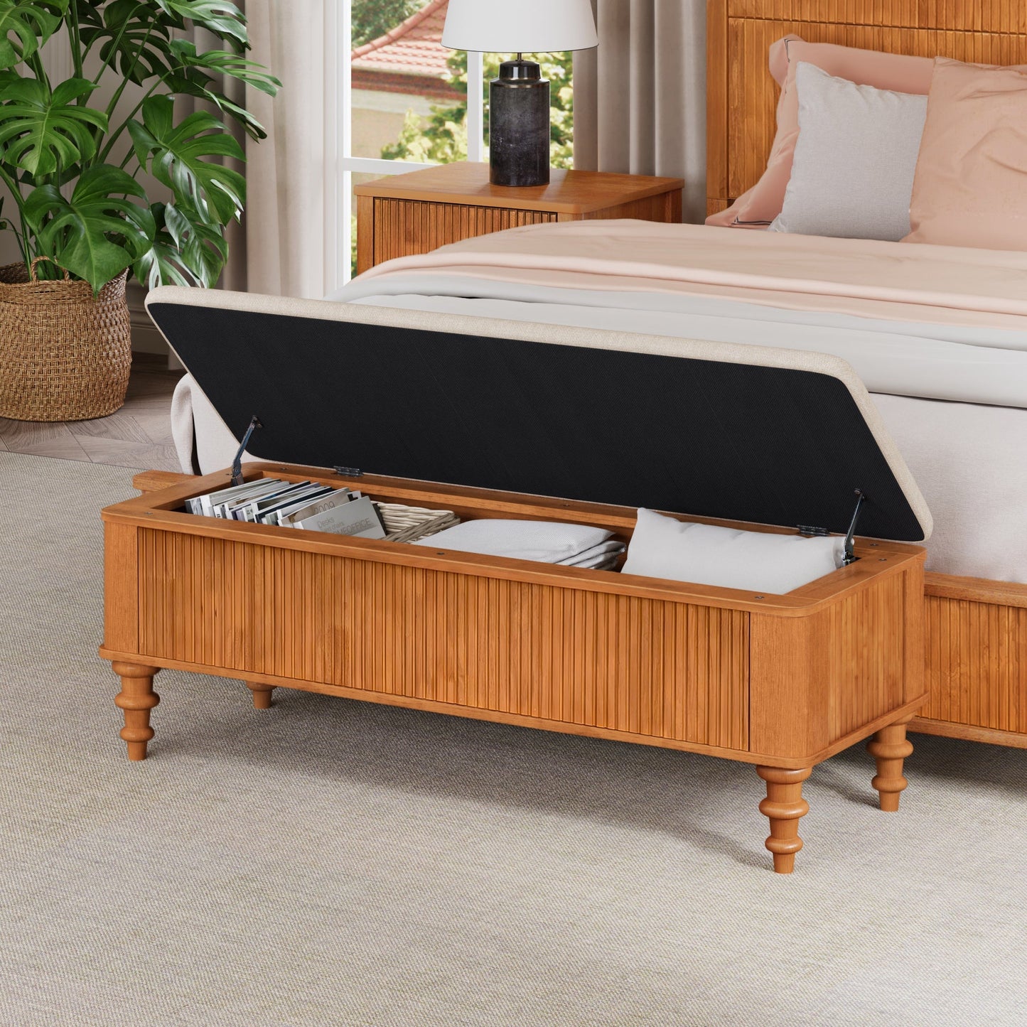 50.8-inch HouseOfZazla padded storage ottoman bench beige lid, black exterior, wood base on Tampa Home & Garden Store