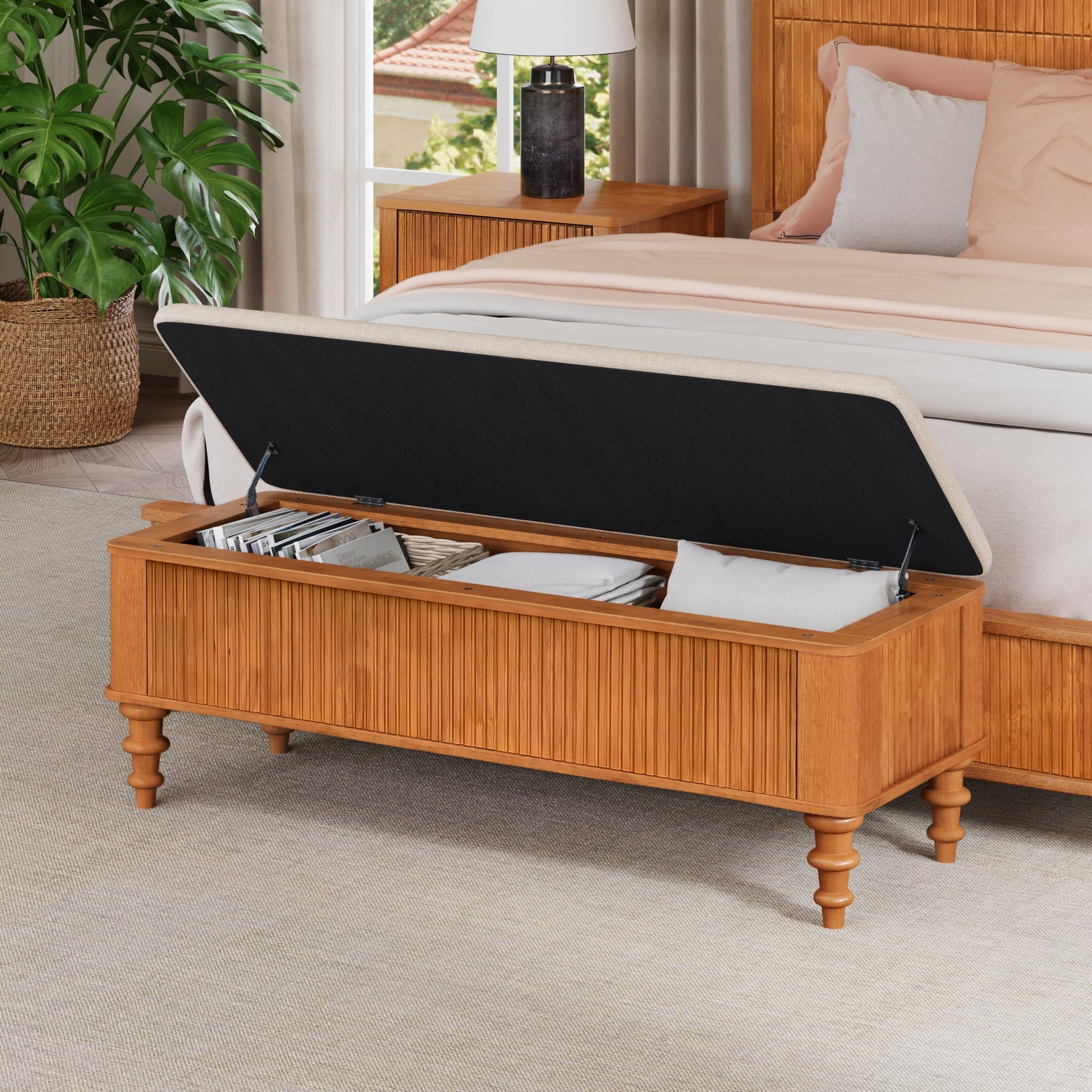 50.8-inch HouseOfZazla padded storage ottoman bench beige lid, black exterior, wood base on Tampa Home & Garden Store