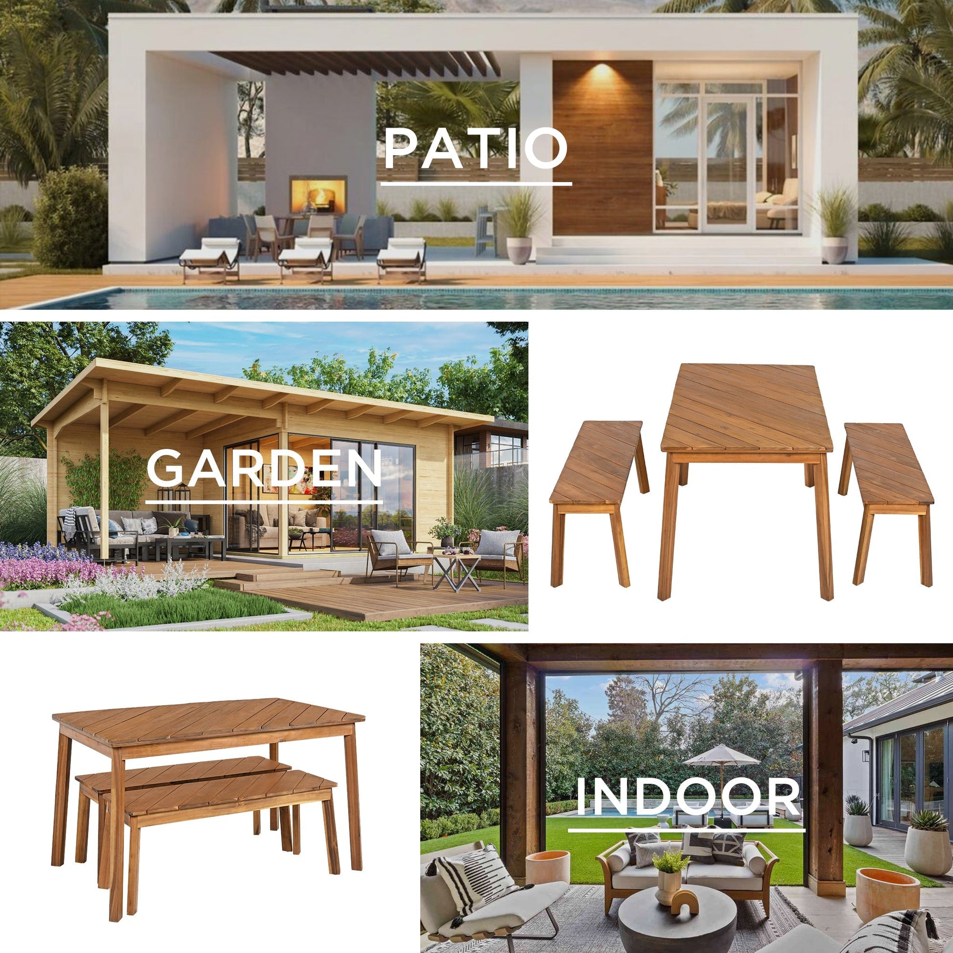 Go 3-Piece Acacia Wood Table Bench Dining Set by HouseOfZazla for outdoor use in natural finish on Tampa Home & Garden Store