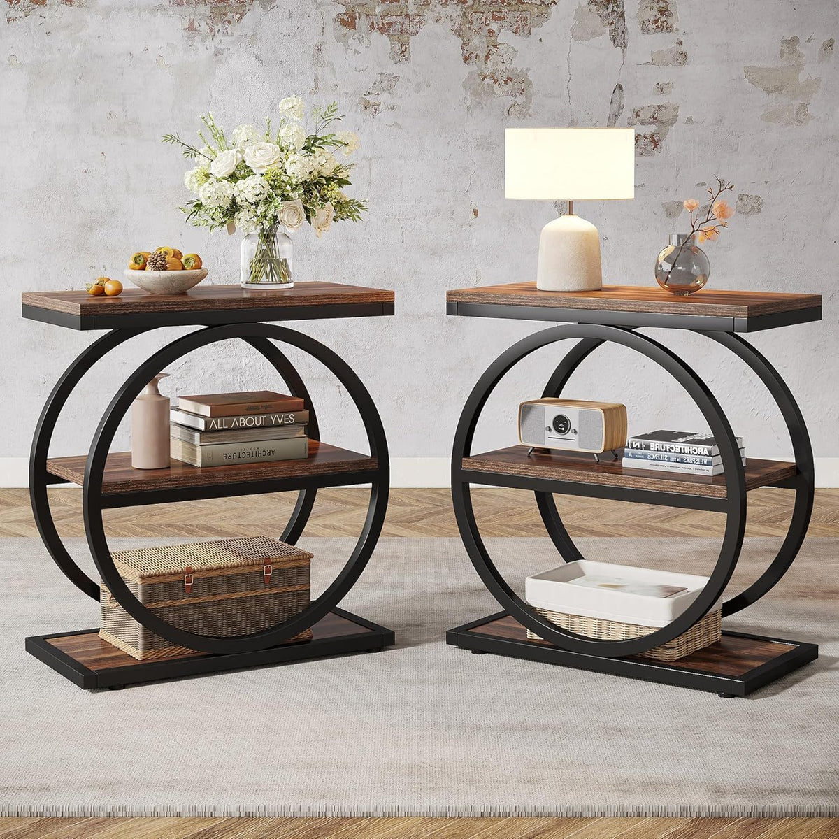End tables set of 2, brown wood tops with black metal circular frames by HouseOfZazla on Tampa Home & Garden Store