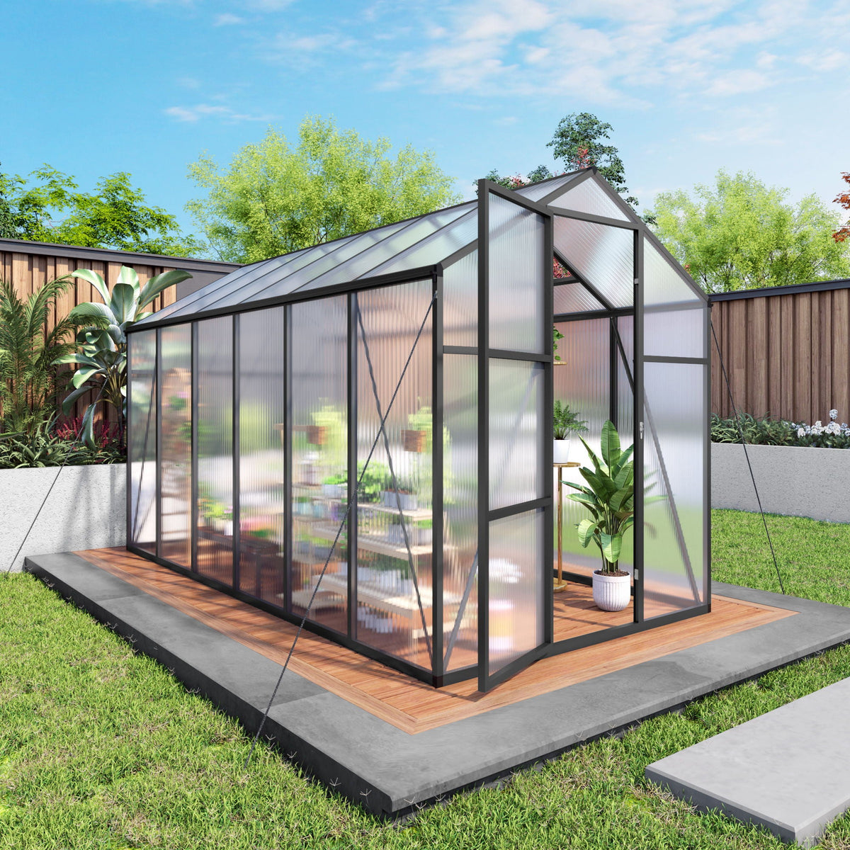 Windproof greenhouse with raised base, black frame, polycarbonate panels by HouseOfZazla on Tampa Home & Garden Store