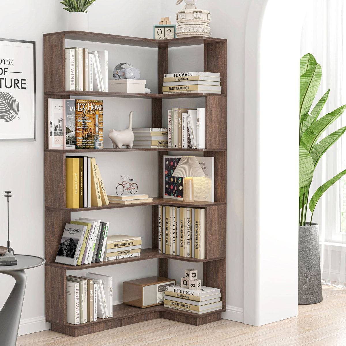 Freestanding Corner Bookshelf with Adjustable Shelves in dark brown wood finish on Tampa Home & Garden Store