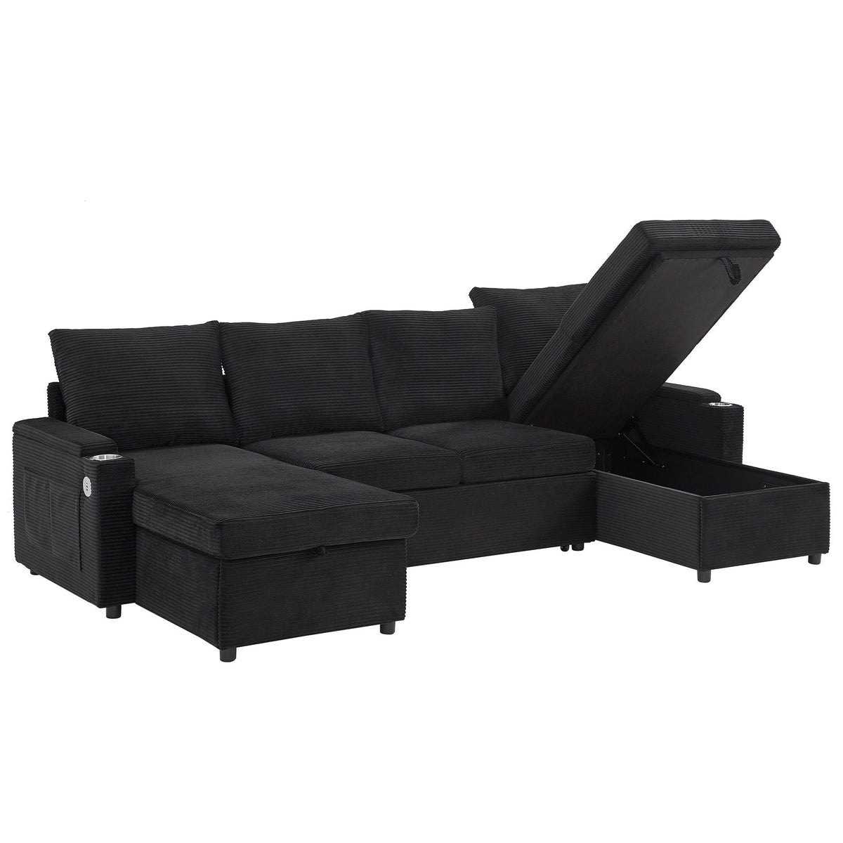 U-shaped sectional sofa bed with storage chaise, black textured fabric and cup holders HouseOfZazla on Tampa Home & Garden Store