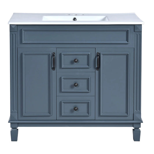 Blue 36in vanity with white top sink, basin on cabinet, 2 soft-closing doors and 2 drawers on Tampa Home & Garden Store